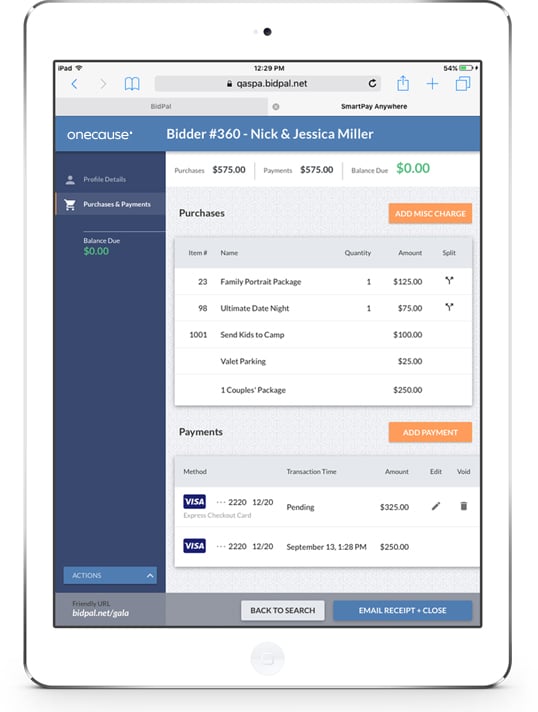 iPad with Fundraising Payment software interface showing event checkout