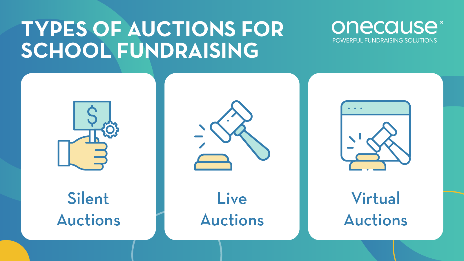 Three types of auctions for school fundraising, also described in the text below.
