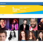 Portraits of the hosts for The Civilians - A Shining Light Benefit concert with yellow and blue colors on the header.