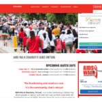 Webpage for "AIDS WALK CHARLOTTE GOES VIRTUAL" featuring a crowd of participants from a previous walk.