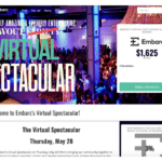 Virtual spectacular banner in teal and white, with a lot event-goers in the background watching a performance in dim light. 
