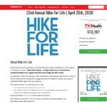 Hike for Life in blue fonts with donation tracker on the right amounting to $13,453 out of the $20k goal.