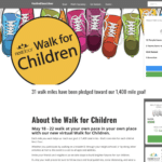 Colorful sneaker drawings on top with "Walk for Children" logo in a circle with yellow background. 