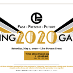 Spring 2020 Gala in black, gray and ochre fonts with diagonal lines on both sides. 