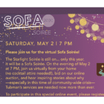 Sofa Soiree text in a plum gradient background and fairy lights design. 