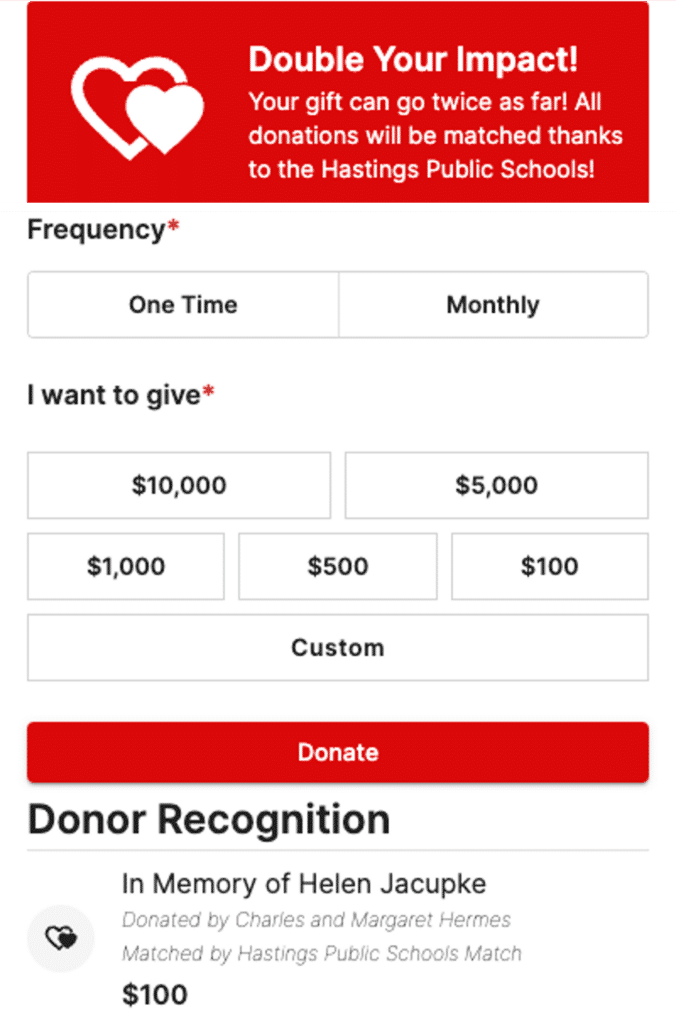 The Hasting Public School Foundation donation page with a button for monthly giving.