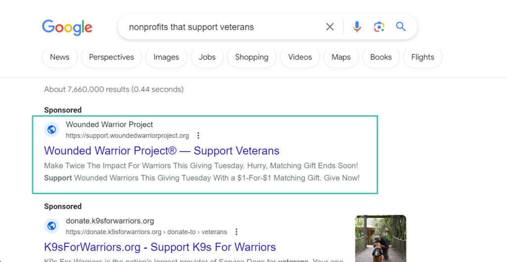 This image shows an example of a sponsored advertisement on the search engine results page, which your nonprofit can leverage to promote its donation page.