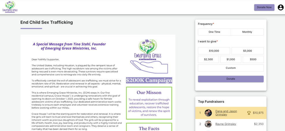 This image shows the donation page of Emerging Grace Ministries.