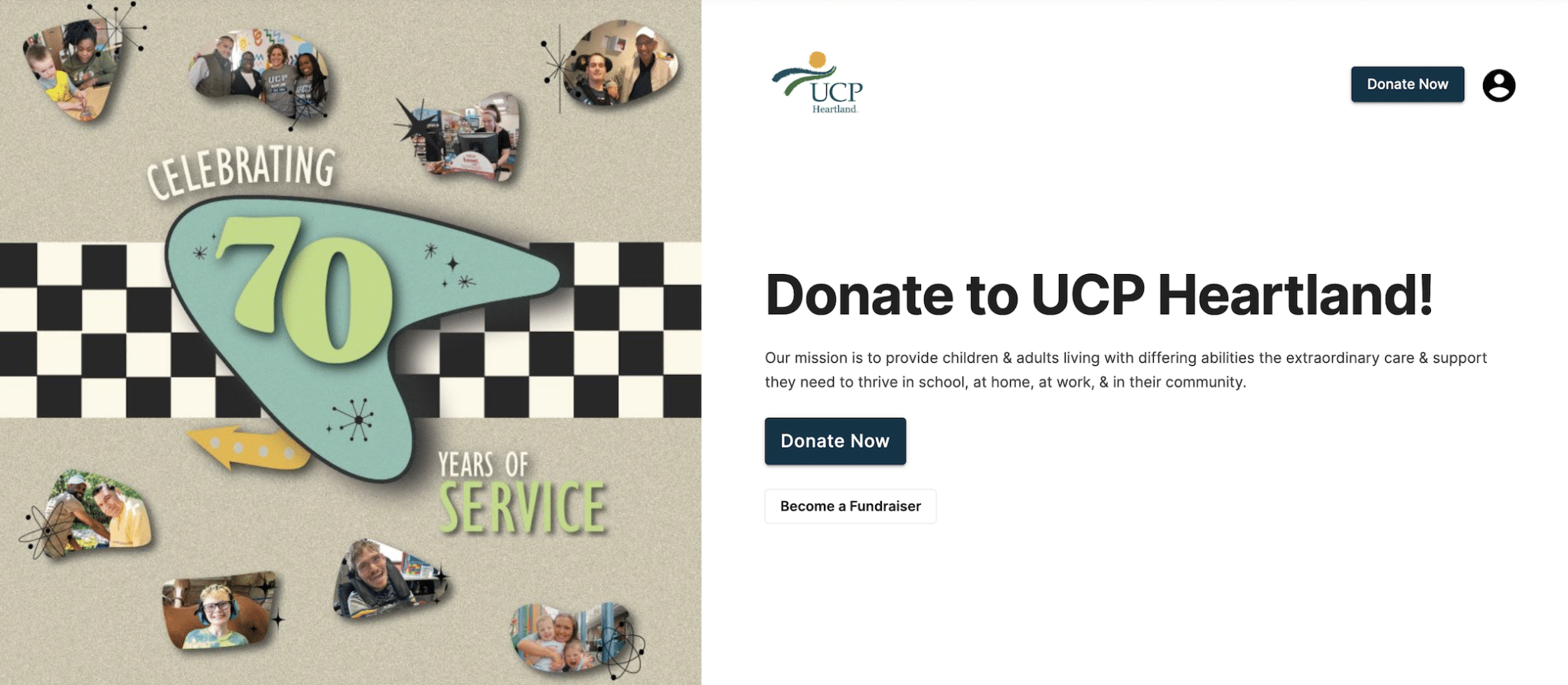 UCP Heartland is a well-designed donation page that encourages people to give to support children and adults with differing abilities. 